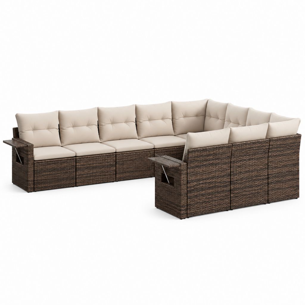 Salon de jardin d'angle modulable 8 places marron en résine tressée PE avec coussins beiges 350 x 280 x 73 cm