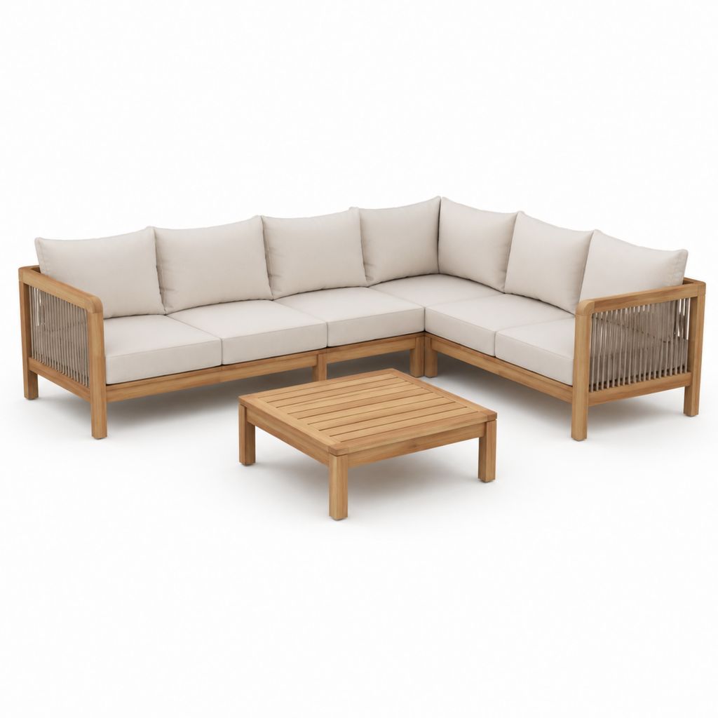 Salon de jardin d'angle 5 places beige en acacia massif avec table basse 250 x 250 cm