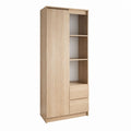 Bibliothèque de rangement rectangulaire chêne clair en panneaux de particules mélaminés avec 1 porte 2 tiroirs et 3 niches 80 x 40 x 190 cm