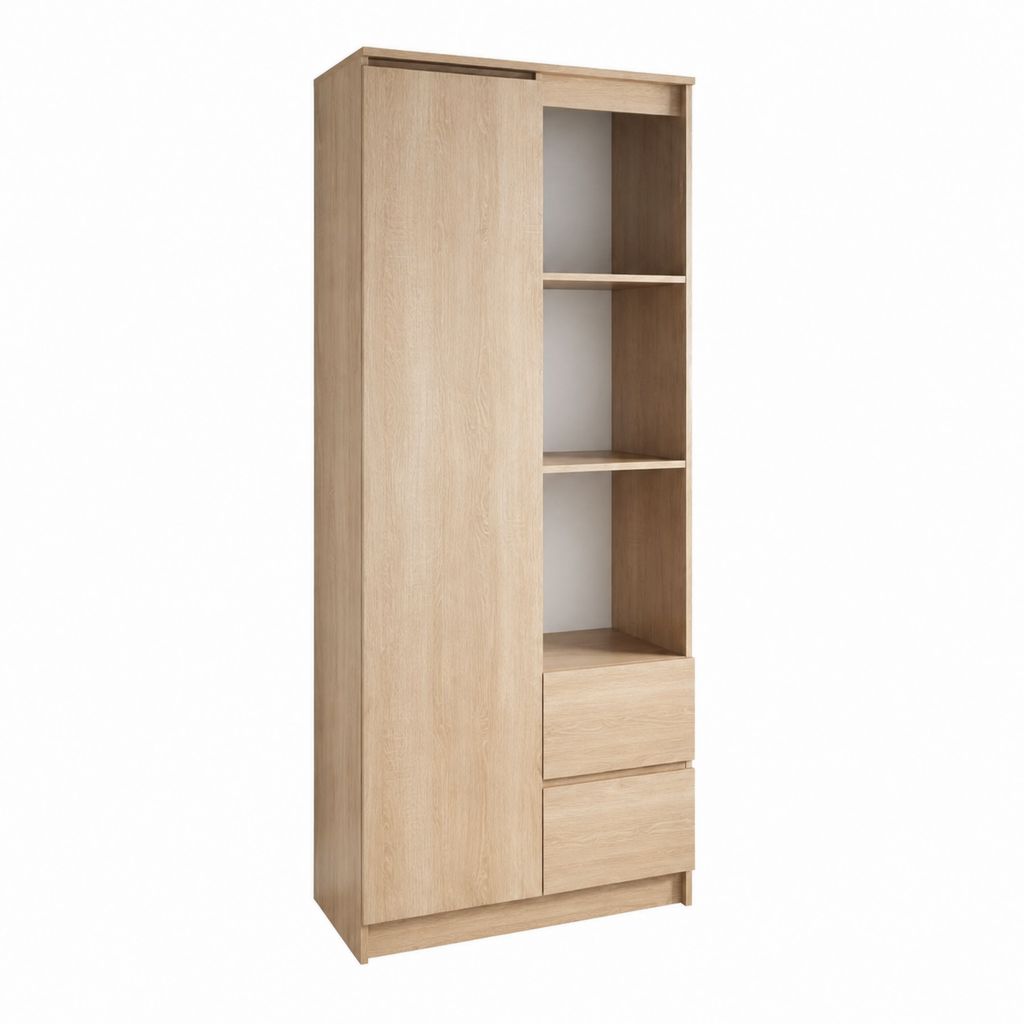 Bibliothèque de rangement rectangulaire chêne clair en panneaux de particules mélaminés avec 1 porte 2 tiroirs et 3 niches 80 x 40 x 190 cm