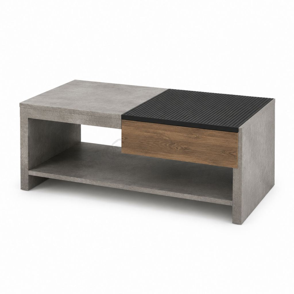 Table basse avec tiroir gris effet béton noir et noyer en panneaux MDF 100 x 60 x 45 cm