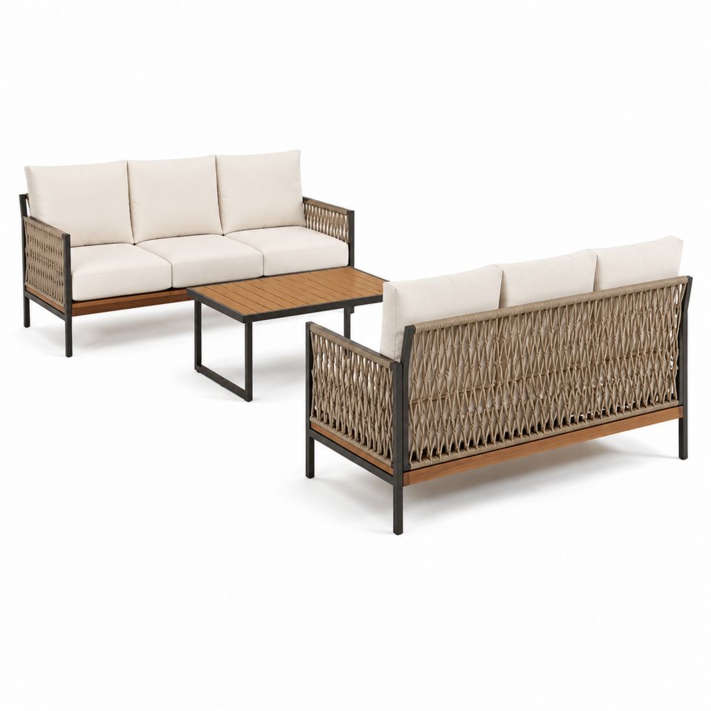Salon de jardin 3 pièces avec 2 canapés 3 places et table basse beige noir en aluminium corde polyester et acacia 190 x 75 x 72 cm