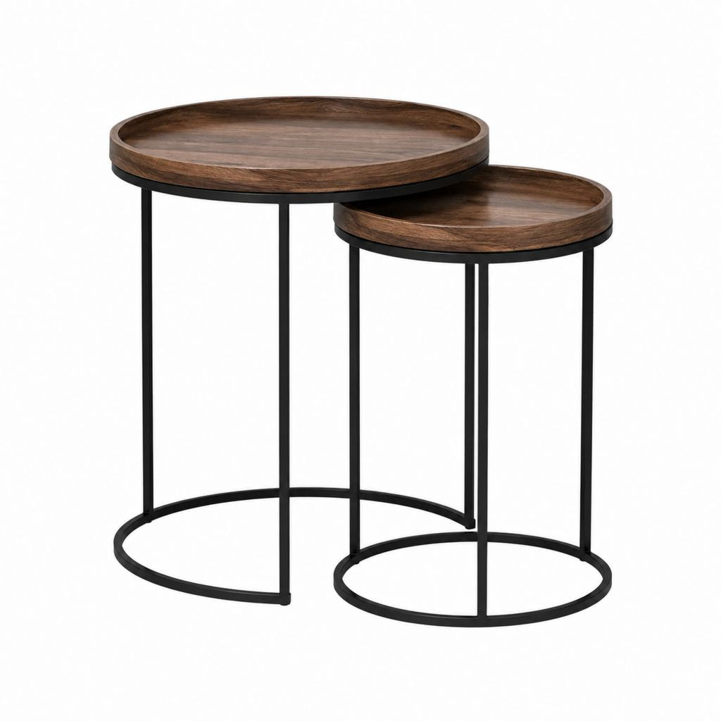Lot de 2 tables basses gigognes rondes marron noyer et noir en MDF plaqué noyer et acier Ø 60 x 50 cm et Ø 45 x 45 cm