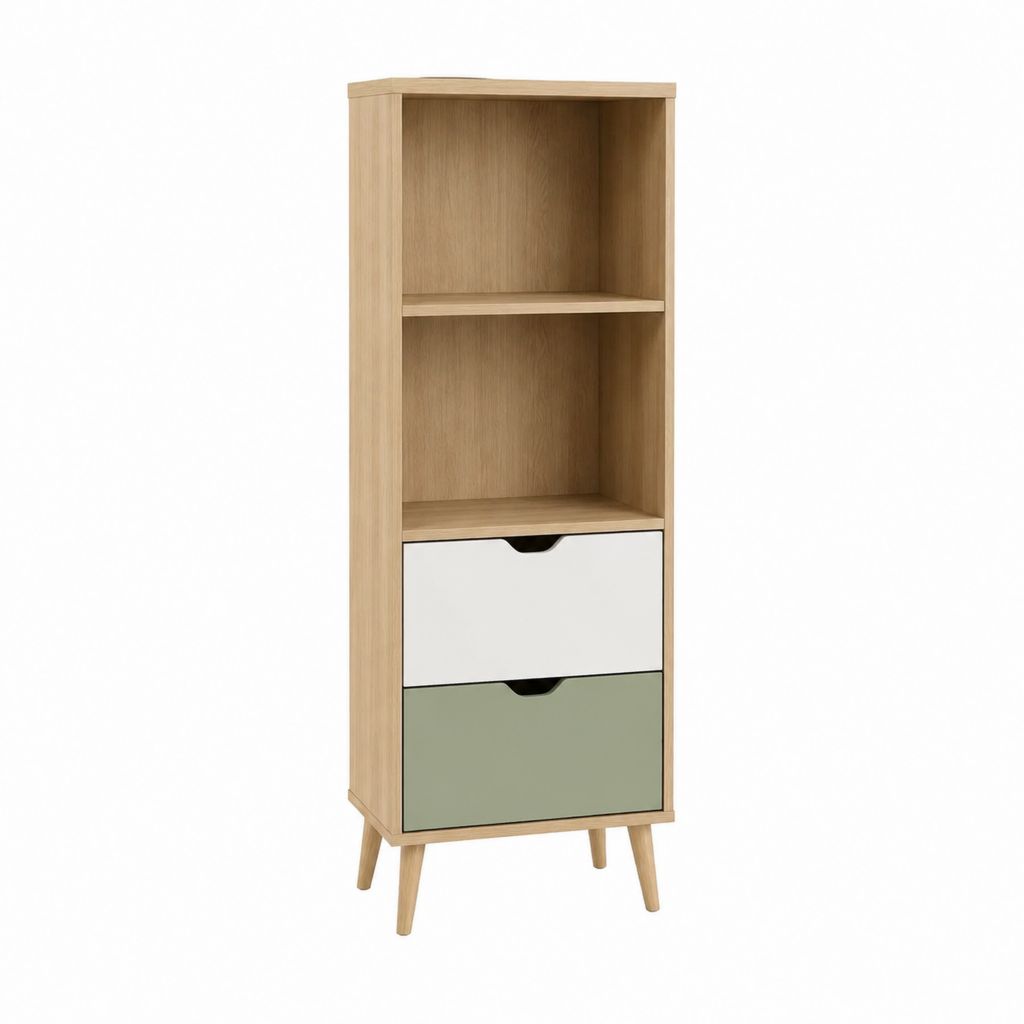 Bibliothèque haute en panneaux de particules chêne clair blanc et vert sauge avec 2 tiroirs 60 x 35 x 160 cm