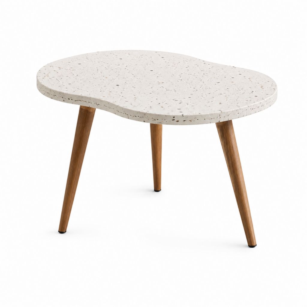 Table basse ovale blanche en terrazzo et bois massif 100 x 60 x 45 cm