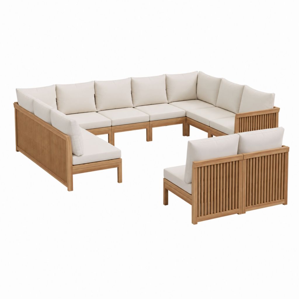 Salon de jardin 8 places en angle beige en bois massif d'acacia et polyester 350 x 280 x 78 cm