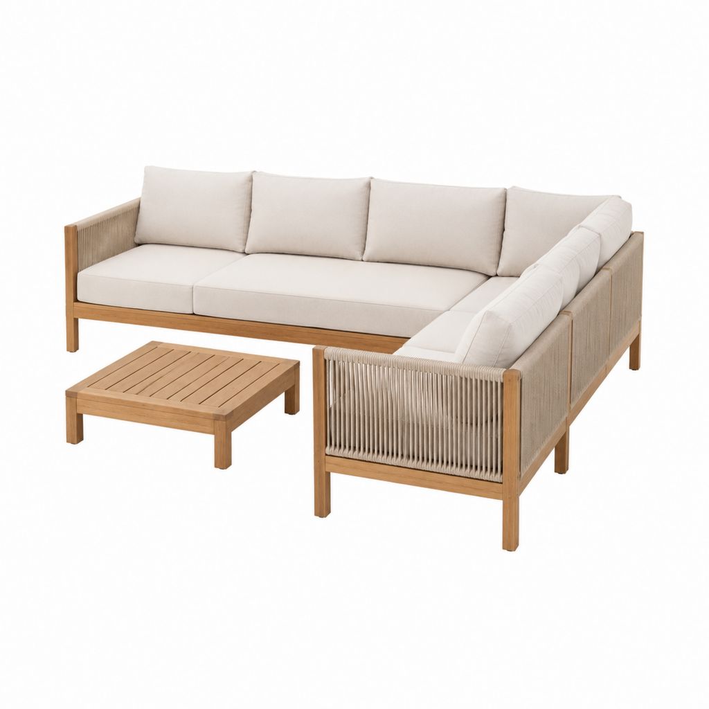 Salon de jardin d'angle 5 places beige en acacia massif et corde tressée avec table basse 250 x 180 x 68 cm
