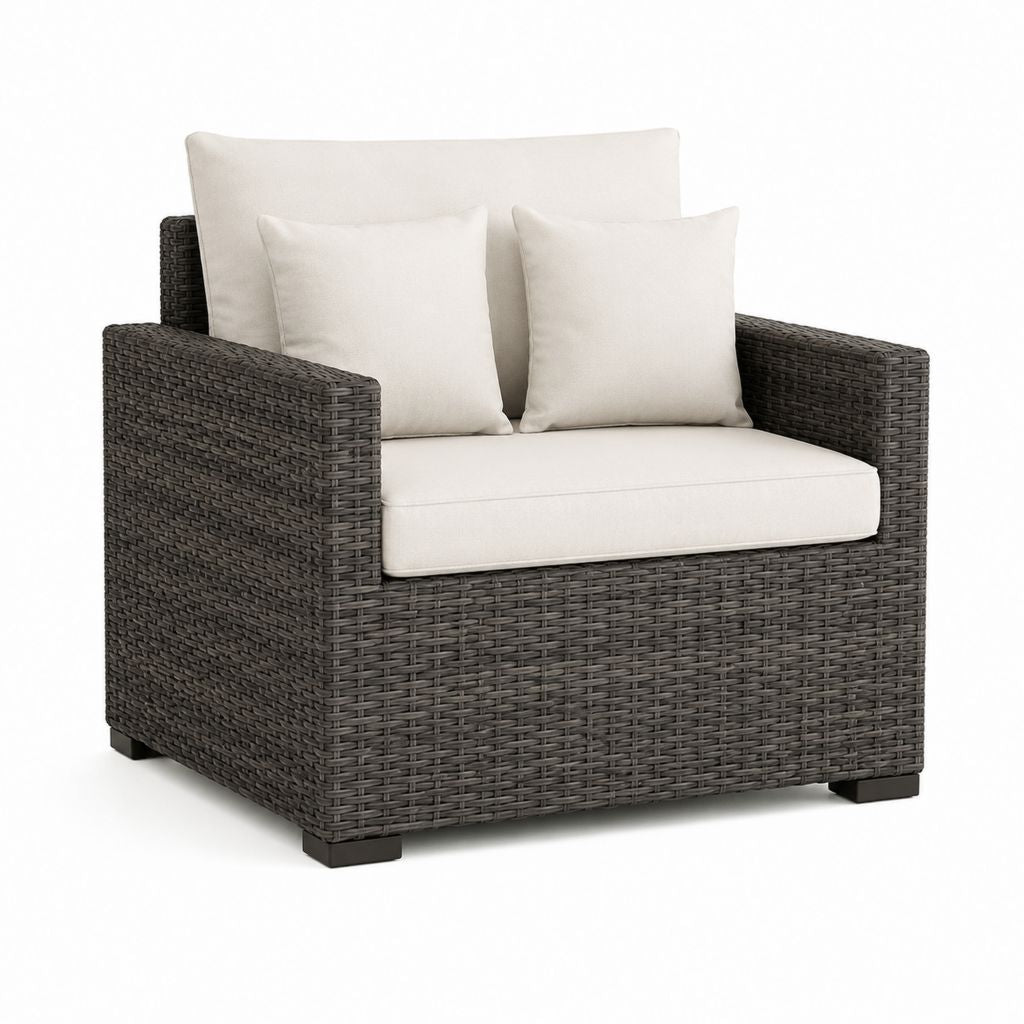 Fauteuil de jardin 1 place carré gris anthracite en résine tressée PE avec coussins écrus 90 x 85 x 80 cm