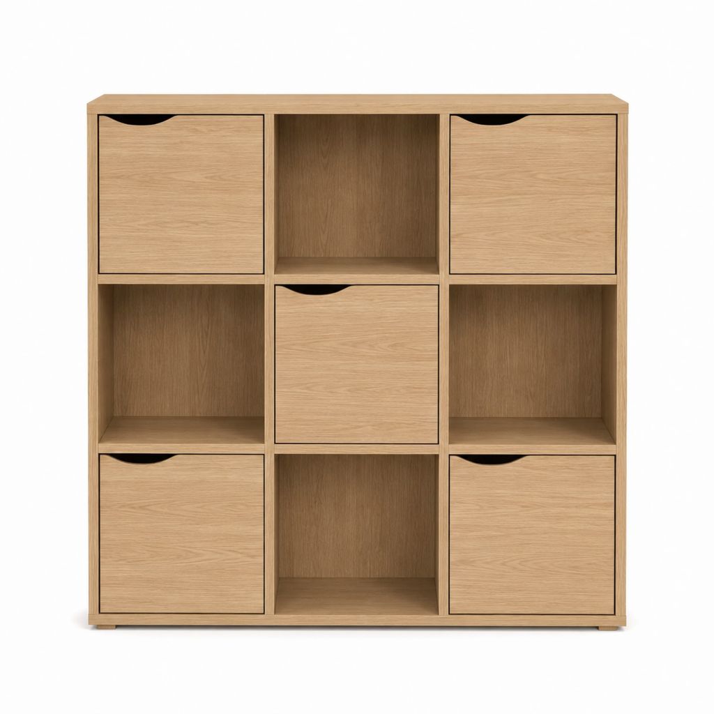 Bibliothèque de rangement en chêne clair avec 5 portes et 4 niches 110 x 110 x 30 cm