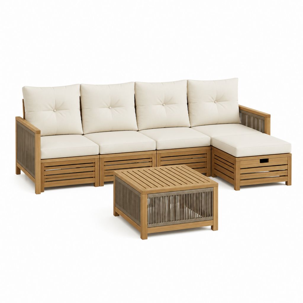 Salon de jardin d'angle 4 places avec table basse beige en acacia massif 253 x 193 x 65 cm