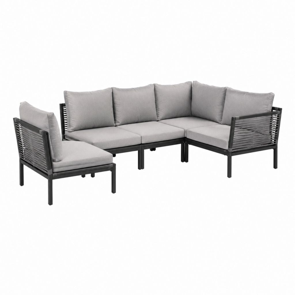 Salon de jardin d'angle 4 places gris et noir en acier thermolaqué et corde PE 250 x 190 x 78 cm