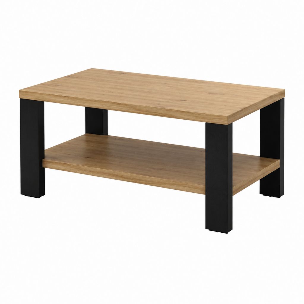 Table basse rectangulaire avec étagère décor chêne et noir en panneaux de particules 100 x 60 x 45 cm