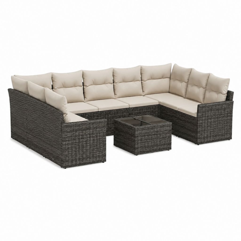 Salon de jardin d'angle 7 pièces gris anthracite et beige en résine tressée PE 210 x 210 x 60 cm