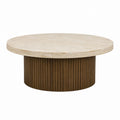 Table basse ronde beige et noyer en travertin et MDF plaqué noyer 90 x 90 x 40 cm