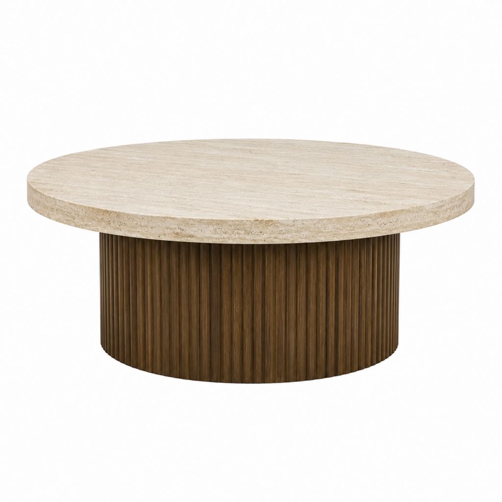 Table basse ronde beige et noyer en travertin et MDF plaqué noyer 90 x 90 x 40 cm