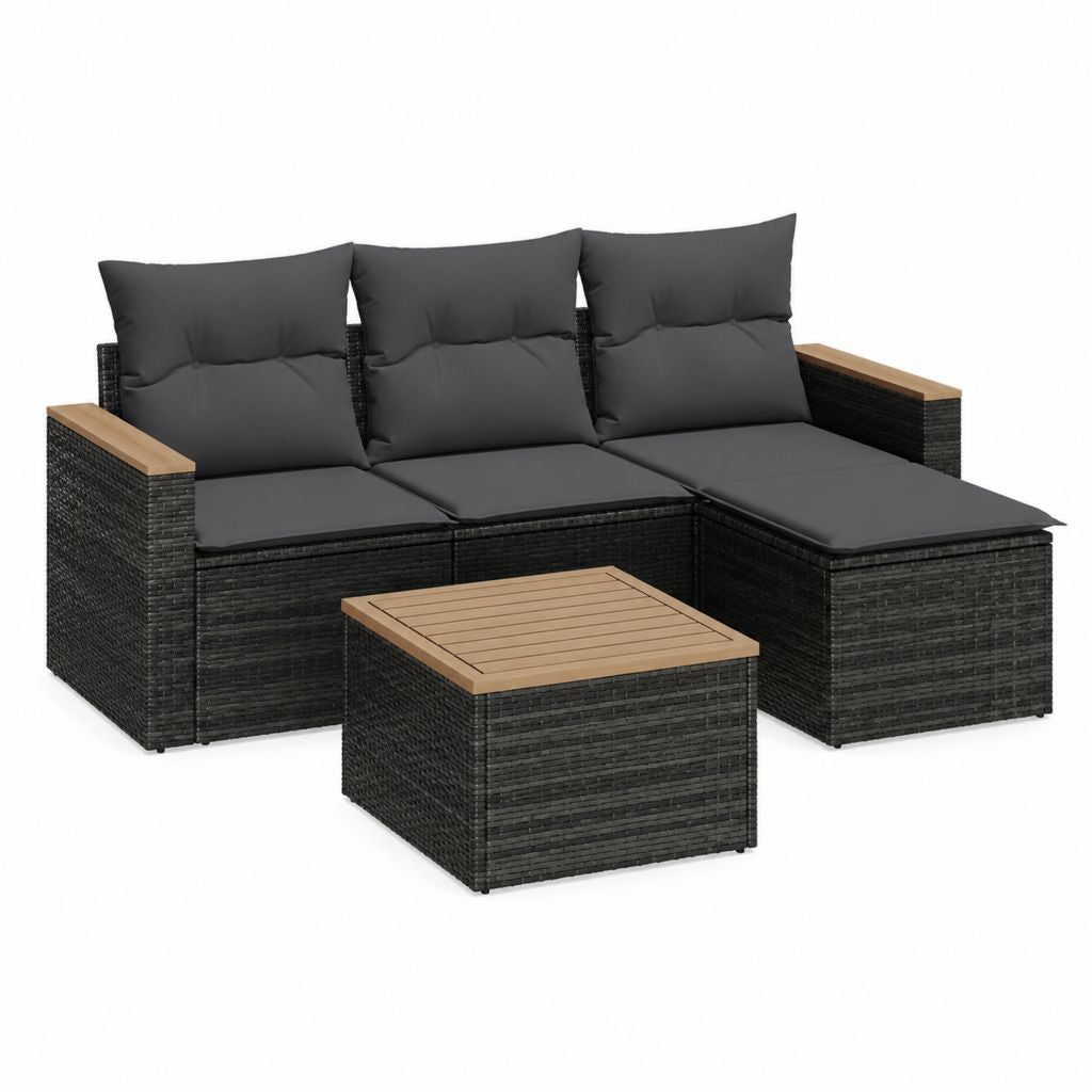 Salon de jardin d'angle 3 places noir en rotin PE avec coussins gris anthracite et table basse 205 x 140 x 65 cm