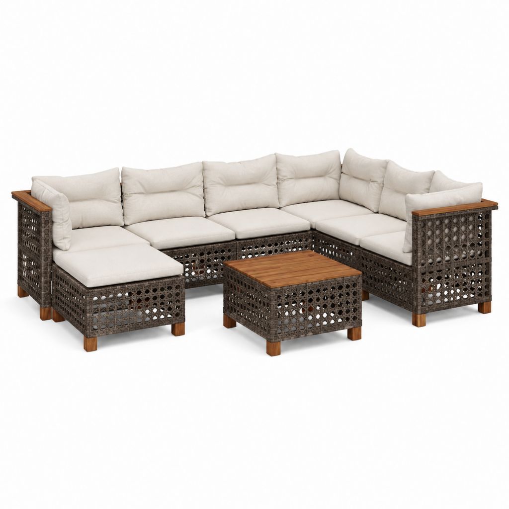 Salon de jardin d'angle 5 places gris brun avec coussins beiges en résine tressée PE et bois massif 270 x 205 x 70 cm avec table basse